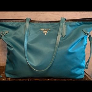 Prada Turchese Tessuto Saffian Tote Shoulder Bag!